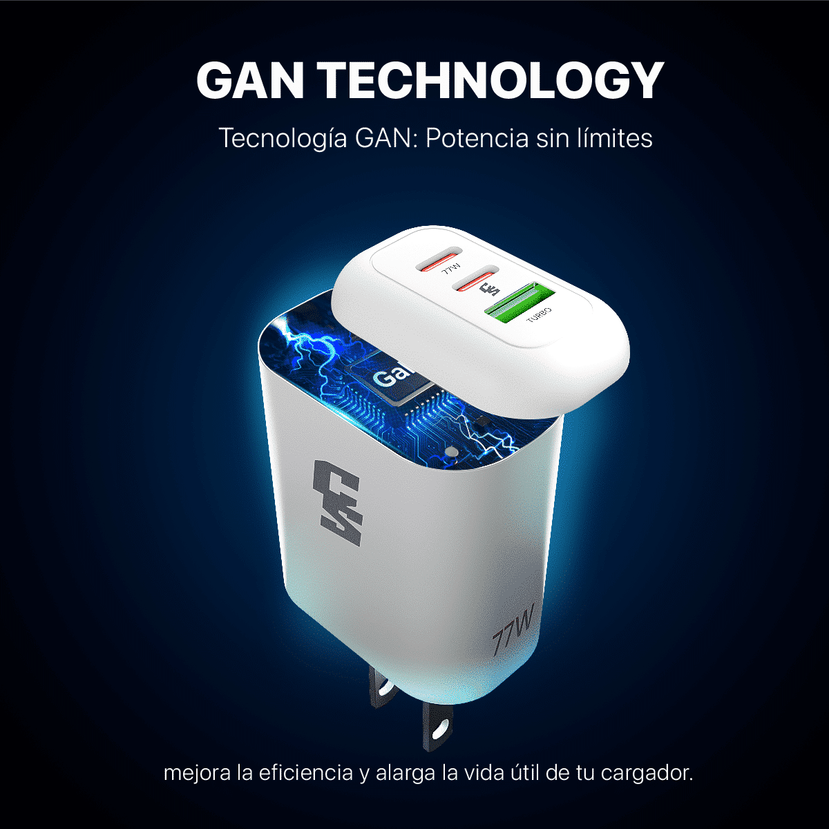 CARGADOR RAPIDO 77W GAN PRO + CABLE: 2 TIPO-C + 1 USB - Imagen 2