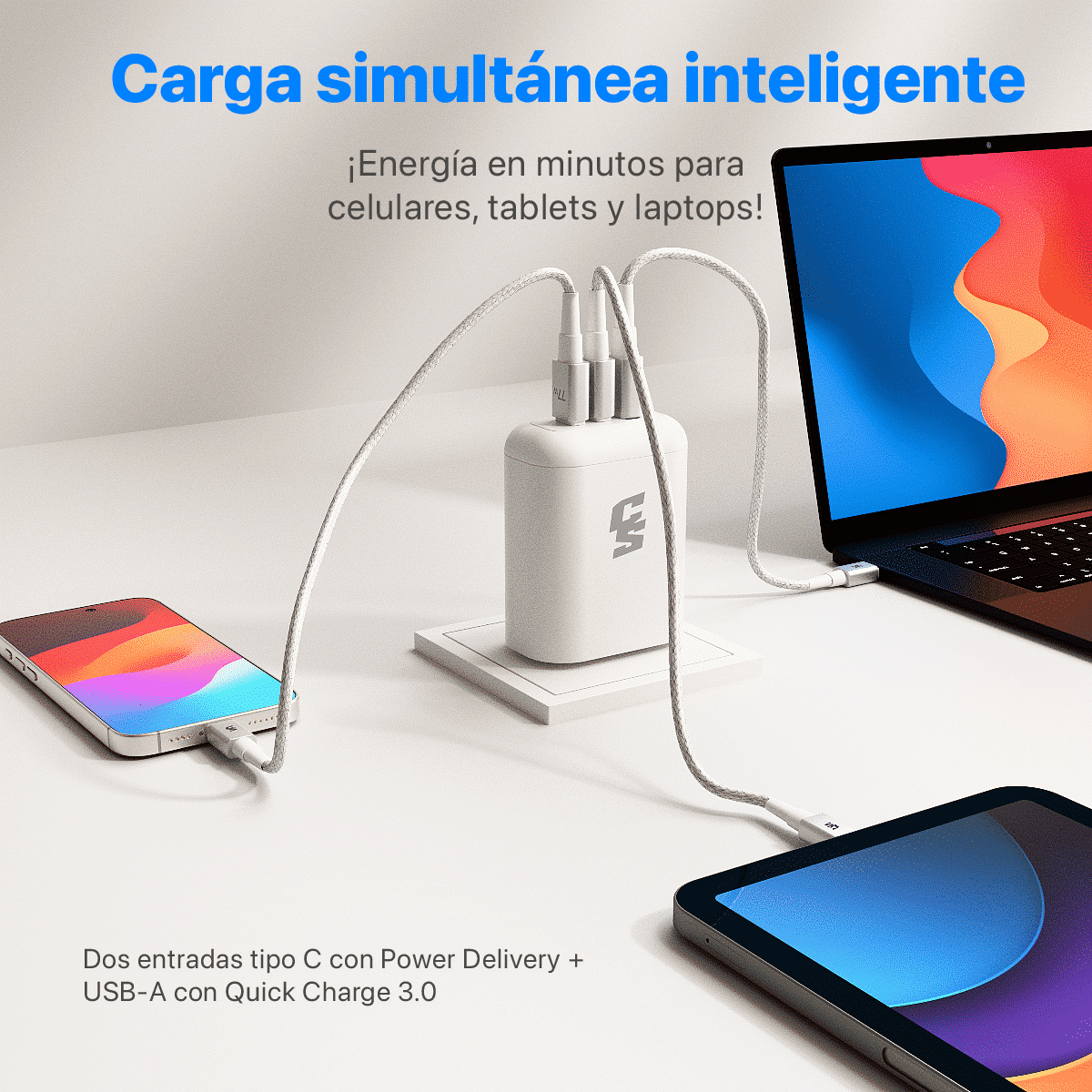 CARGADOR RAPIDO 77W GAN PRO + CABLE: 2 TIPO-C + 1 USB - Imagen 3