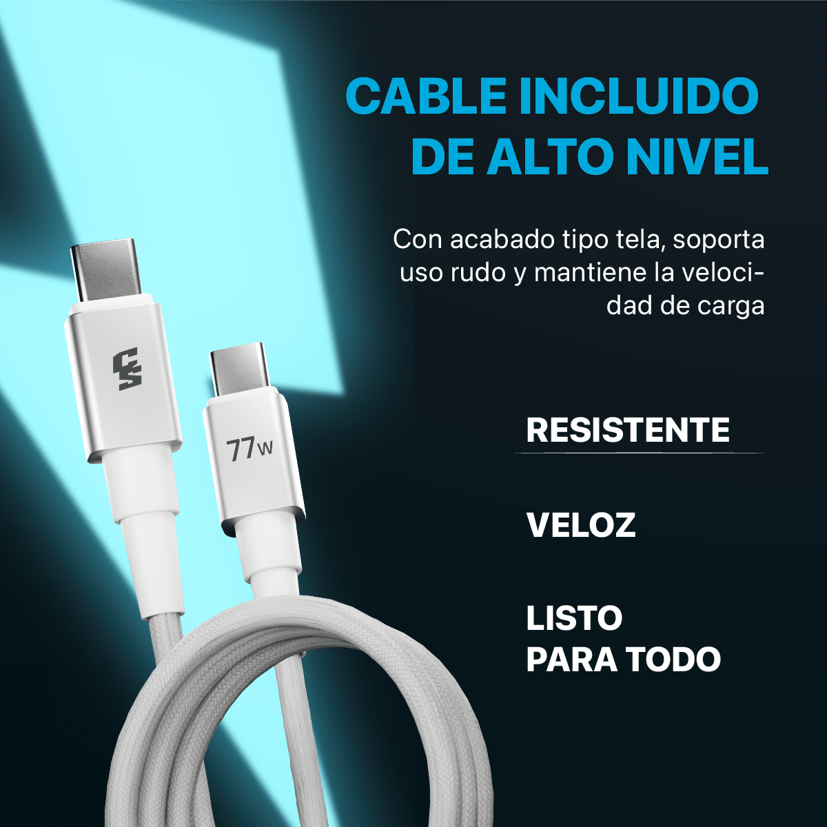 CARGADOR RAPIDO 77W GAN PRO + CABLE: 2 TIPO-C + 1 USB - Imagen 4
